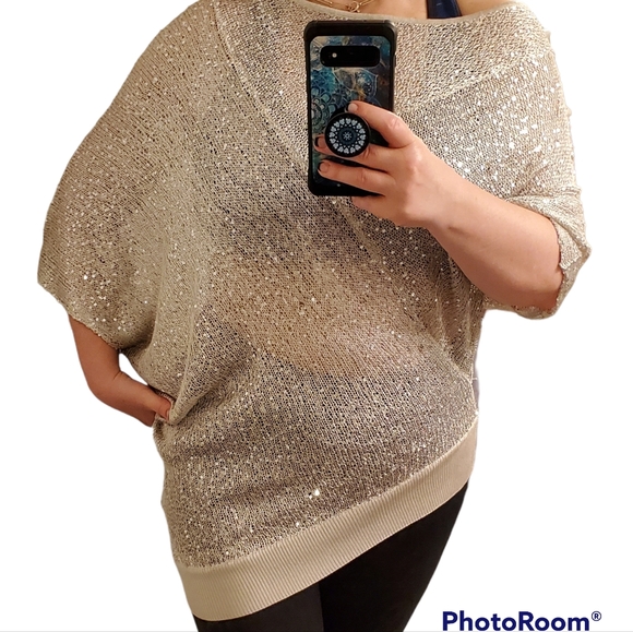 Suzy Shier asymmetrical batwing glitter knit top size large - Picture 3 of 5